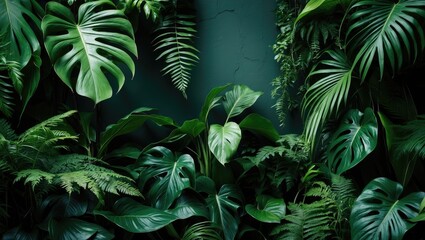 Aufkleber - Background of tropical jungle green leaves featuring ferns, palms, and leaves on a dark green wall, capturing the essence of a nature floral forest plant pattern in a horizontal layout