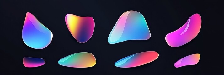 Fototapete - Vibrant neon gradient shapes on a deep black background with glossy reflections showcasing modern design elements