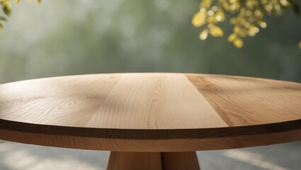 Poster - Empty brown wooden tabletop with a blurred garden background.