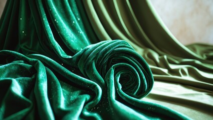 Fototapete - Folds of green, wrinkled fabric rest on a draped table.