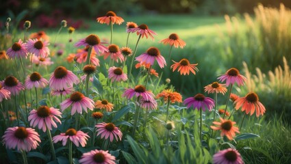 Wall Mural - A lively garden adorned with flowering plants in front of a grassy green background.