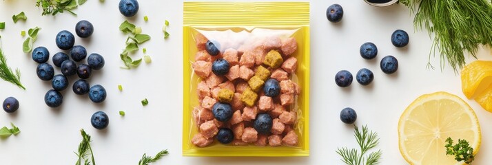Poster - Premium pet food ingredients featuring salmon, blueberries, and herbs displayed on a bright surface for a fresh and natural look