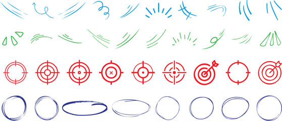Wall Mural - hand drawn sketch elements, target icon, highlight circle, and dynamic comic motion lines for infogr