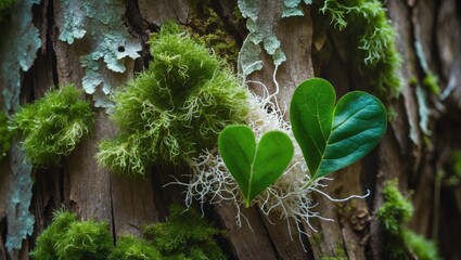 Poster - Detailed shot of two green, heart-shaped leaves on tree bark. The vivid green moss and organic surfaces suggest nature, development, and calmness.