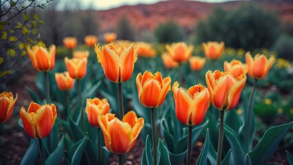 Aufkleber - a garden of freshly bloomed tulips