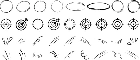 Wall Mural - hand drawn target symbol, sketch circle, motion line, and doodle swirl elements for comic art, graph