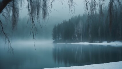 Aufkleber - A tranquil winter setting with a frosty lake and a snowy woodland, surrounded by hanging boughs.