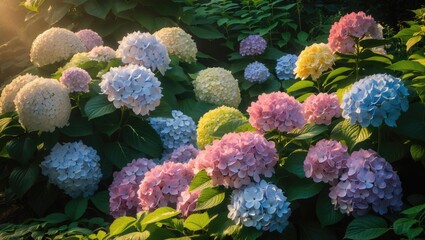 Wall Mural - A blooming hydrangea bush showcasing vibrant pink and purple flowers