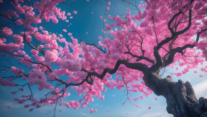 Aufkleber - A branch of a tree decorated with bright pink flowers set against a clear sky.