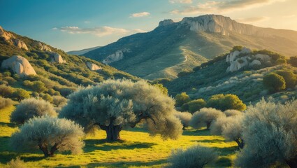 Leinwandbilder - A woven landscape of olive trees, cradled by hills. A peaceful scene, drenched in the golden hues of dawn.