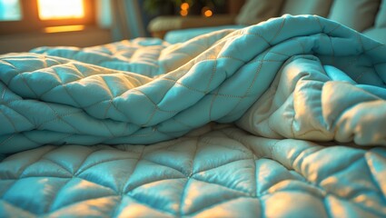 Aufkleber - In a comfortable living room, a soft blue quilted blanket rests on a bed, glowing in warm light.