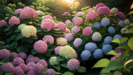 Wall Mural - A hydrangea bush in full bloom with colorful pink and purple blossoms