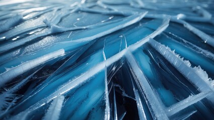 Leinwandbilder - Ice texture of a frozen lake on a cold day. Blue surface with white crack patterns. Nature winter scene, mockup, vacant space, flat lay, close-up