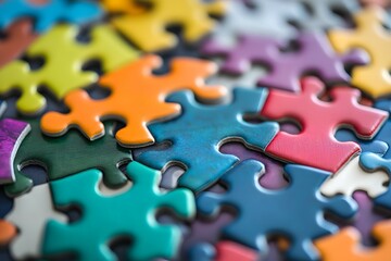 Wall Mural - Colorful jigsaw puzzle pieces scattered and overlapping creating a vibrant abstract pattern.