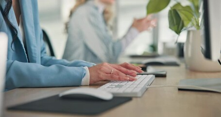 Poster - Hands, typing and research with business woman in office for web consultant, online advisor or planning. Digital strategist, design developer and project with closeup of employee for creative startup