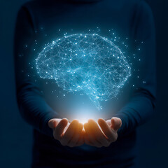 Wall Mural - a person is holding a brain in their hands, surrounded by a blue light