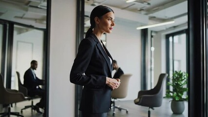 Aufkleber - Businesswoman buttons her blazer while colleagues work in the background of a modern office, showcasing professionalism and preparation in a collaborative workspace