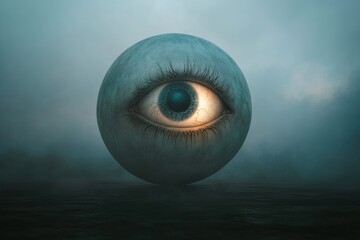 mysterious celestial eye gazes from a sphere in a misty landscape.