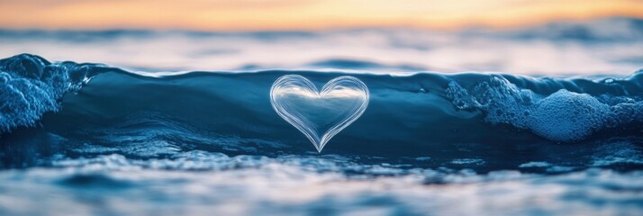 Fototapete - Ocean waves create heartbeat line symbolizing the connection between life and water at sunset