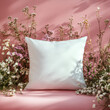 © ธันวา พรหมคำบุตร - white cushion surrounded by delicate flowers on pink background creates serene and inviting atmosphere. soft textures and colors evoke sense of calm and comfort