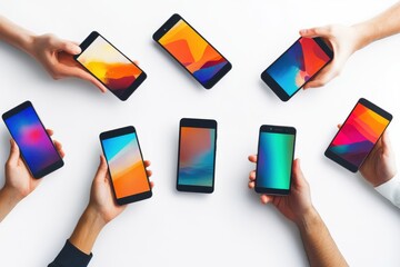 Wall Mural - Hands holding cell phones up isolated on white background