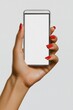© gustav - outstrectched black African single hand holding mobile phone with blank white screen against white background created by ai
