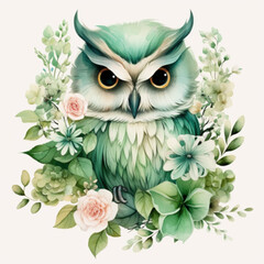 Cute brown cartoon owl character with big eyes on a nature tree branch