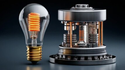 Illuminating Ideas: An artistic representation of innovation, featuring a stylized light bulb beside a complex machine, suggesting the fusion of ideas and technological advancement.