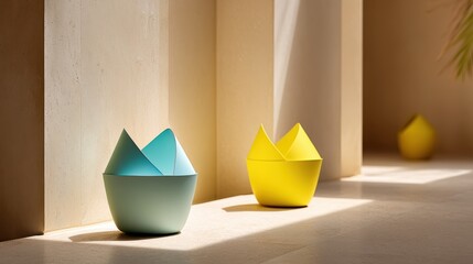 Poster - Neatly arranged minimalist planters on a soft pastel backdrop with gentle shadows in an airy setting