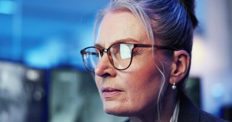 Poster - Surveillance room, woman and glasses with security, reflection and online reading. Mature person, employee and worker in office, eyewear and safety software with clear vision and privacy consultant