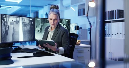 Poster - Computer screen, tablet and tracking with woman in CCTV control room for safety or security. Monitoring, surveillance and video with mature government officer at headquarters for law enforcement