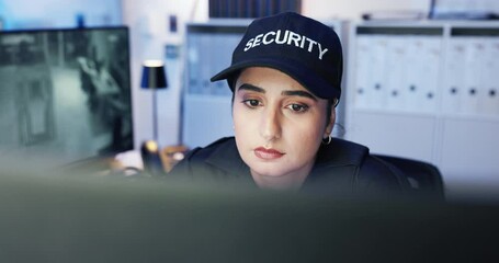 Poster - Security guard, cctv and woman on computer for safety, duty or observation at night. Officer, monitor station and technology in control room with footage for surveillance, watch video and protection