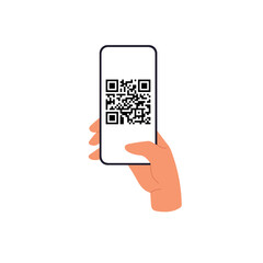 Wall Mural - hand holding mobile phone, qr code scanning app, smartphone screen isolated on white. flat vector il