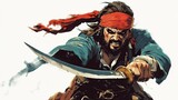 Angry pirate wielding a scimitar.