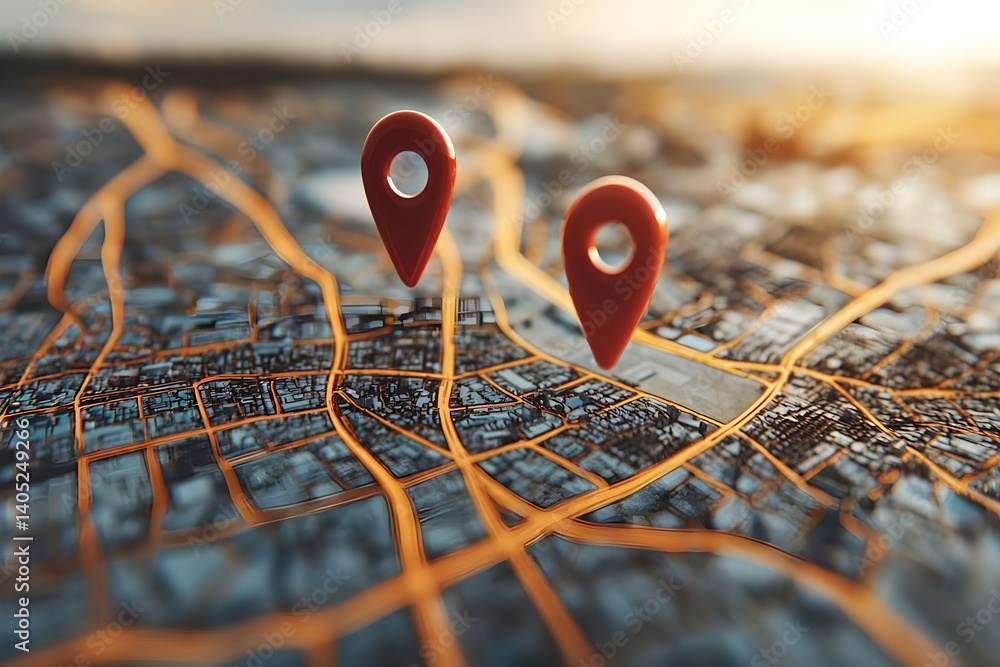 Abstract map with location pins and illuminated pathways Stock ...
