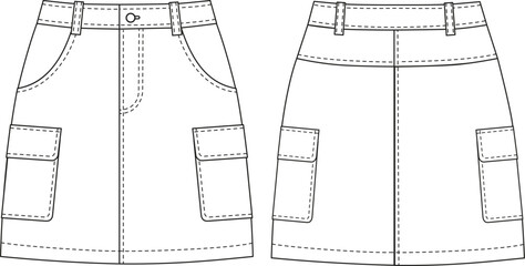 editable technical flat sketch of a women’s cargo skirt with front closure, belt loops, patch pocket