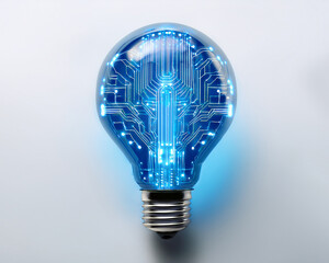 a light bulb on a white background with a neon blue circuit pattern. artificial intelligence, innova