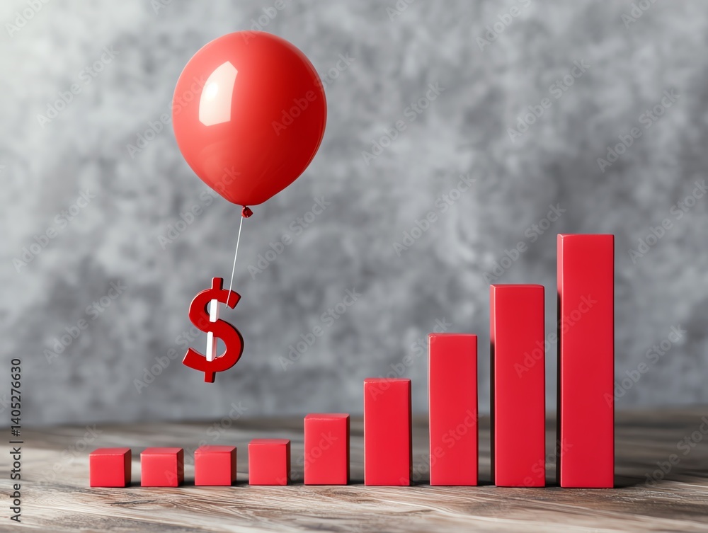 Graph Balloons Rising Red balloons pulling up bar graph with dollar signs, inflationdriven ...