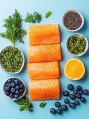 Aufkleber - Premium pet food ingredients featuring salmon, blueberries, and herbs arranged attractively on a bright surface