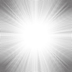Leinwandbilder - Halftone gradient sun rays pattern. Abstract halftone vector dots background. monochrome dots pattern. Vector background in comic book style with sunburst rays and halftone. Retro pop art design.