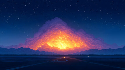 Wall Mural - Runway leading to fiery sunset behind majestic mountains under a starry night sky. Generative AI