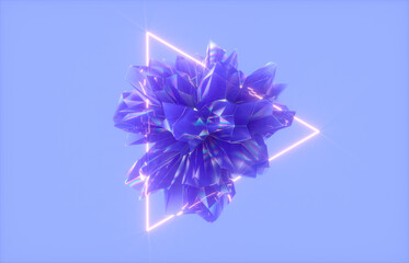 Poster - Abstract crystal fractal gem with neon light background. 3d rendering