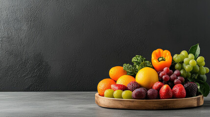 Aufkleber - wooden tray filled with variety of fresh fruits and vegetables, including oranges, grapes, strawberries, and yellow bell pepper, is set against dark textured background. vibrant colors create