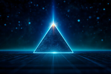 Wall Mural - Glowing blue triangle pyramid on grid, cosmic dust background. Generative AI