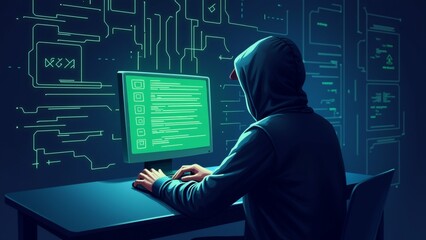 person sitting desk front computer monitor person wearing black hoodie sitting chair computer monitor turned screen displaying green code background dark various lines shapes screen suggesting person