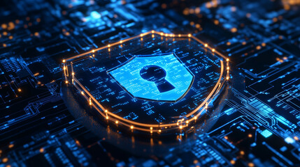Glowing geometric shapes in blue and silver tones symbolizing futuristic digital security and protection