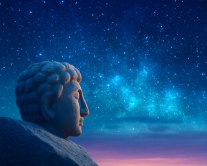Wall Mural - Serene stone head gazing at a vibrant night sky filled with stars and a soft, colorful twilight. Generative AI
