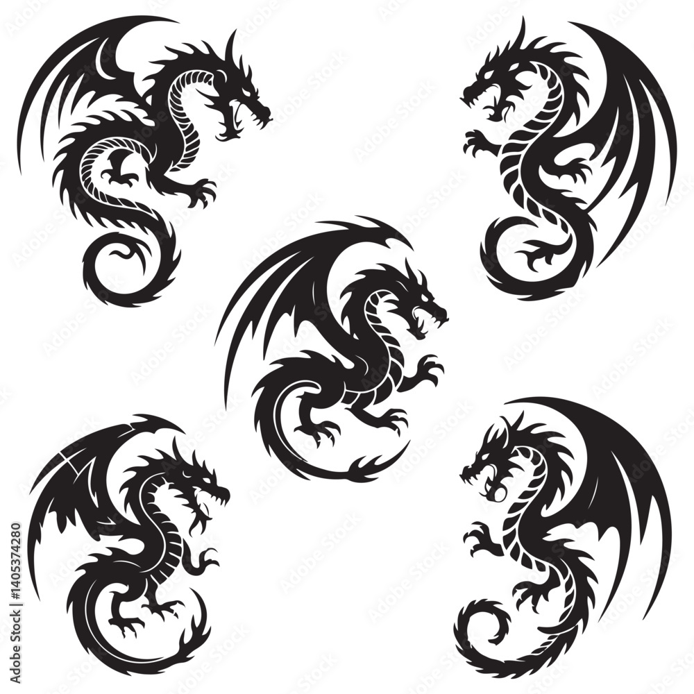 Vector Black silhouettes. illustration, set of round tribal dragon ...