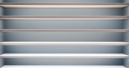 Fototapete - A shelf with white shelves and a blue background. There are no items on the shelf