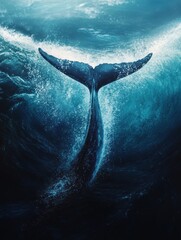 Fototapete - Ocean wave gracefully transforming into a whale tail at dusk, showcasing the beauty of marine life in a fluid and dynamic moment